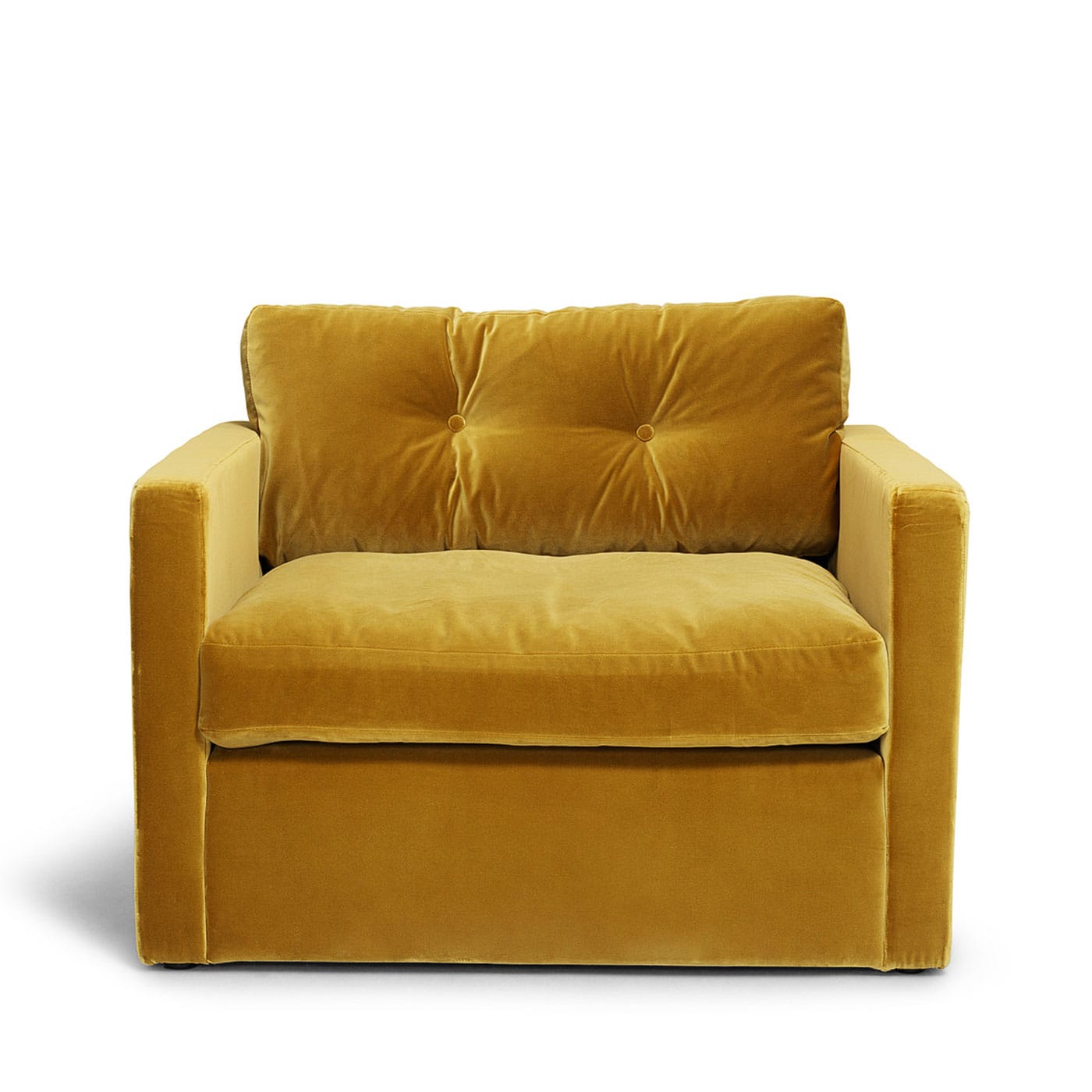 Dahlia Loveseat Amber mörkgul gul sammet fåtölj rymlig stor Melimeli