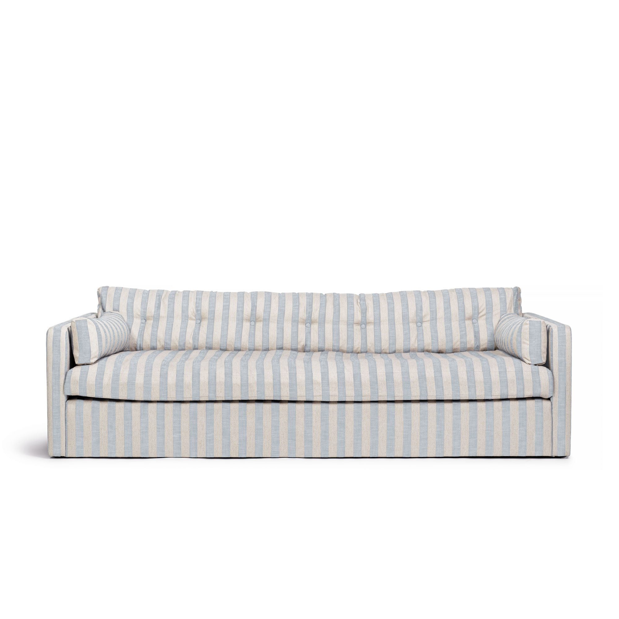 Randig soffa i blått och beige linne