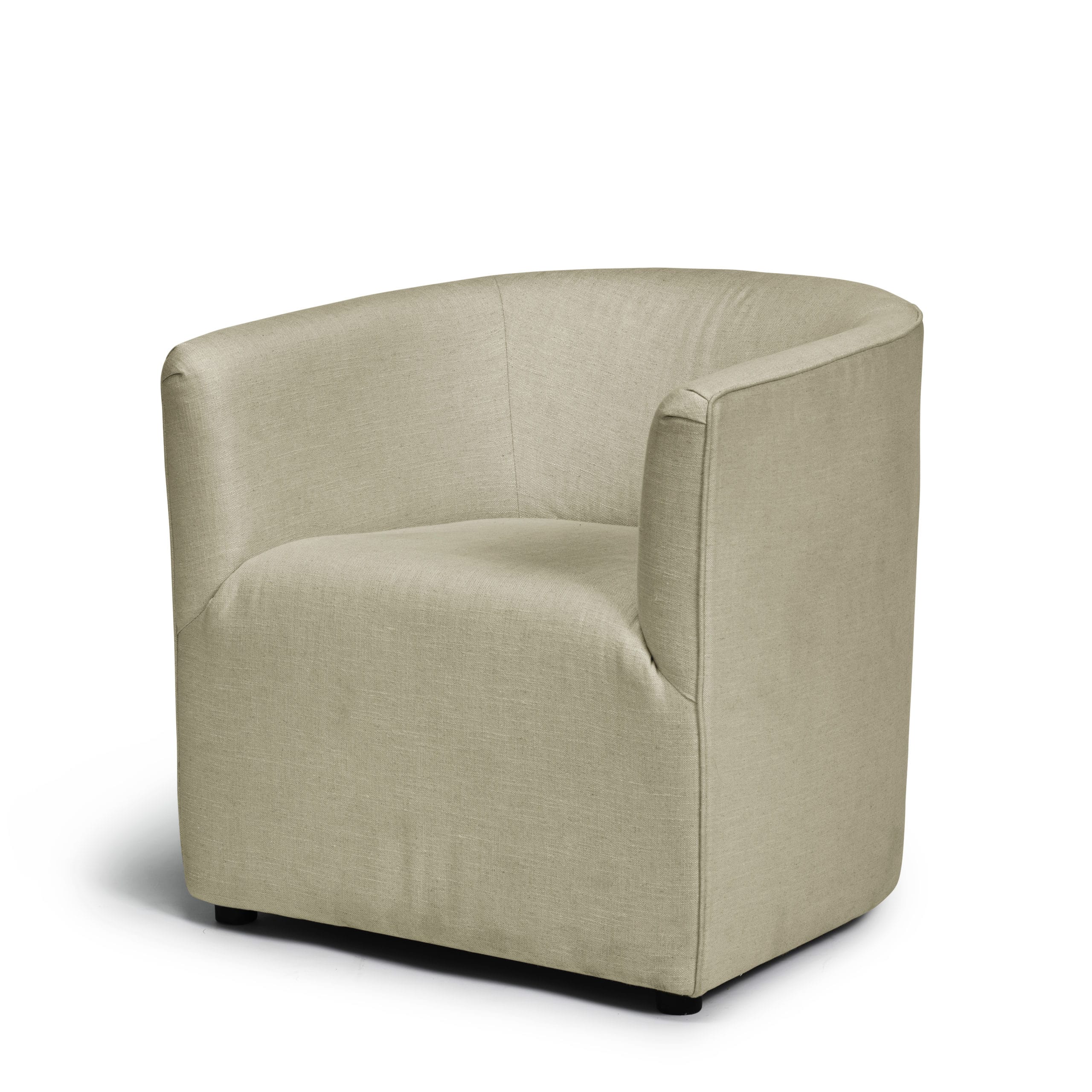 Liten fåtölj i beige linnetyg men gröna toner från Melimeli
