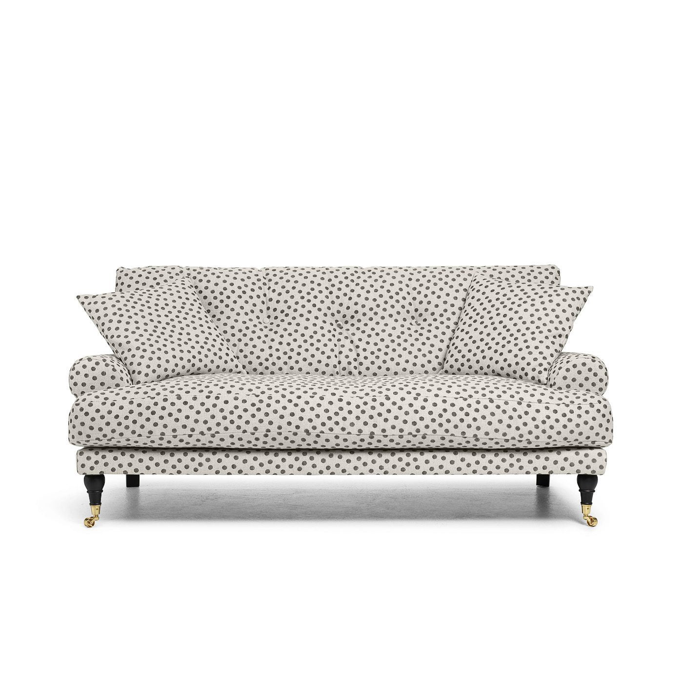 Blanca 2-Sitssoffa Prickig är en Howard-soffa i linne med svarta prickar från Melimeli
