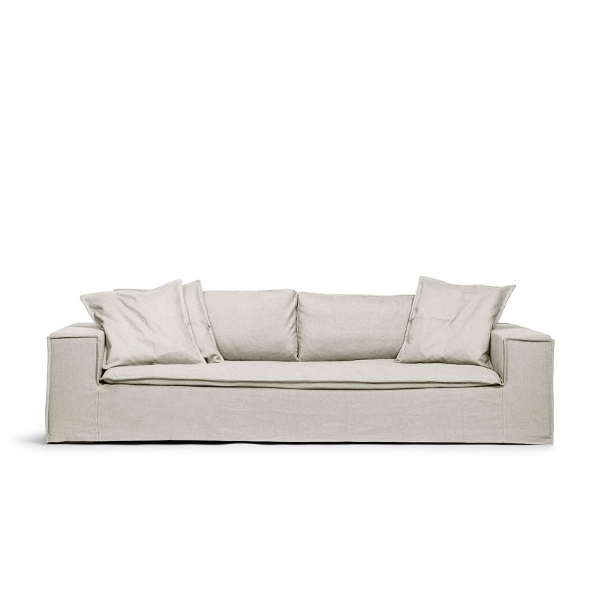 Luca Grande The Off White 3-seater sofa is a deep and comfortable sofa in light grey linen from Melimeli