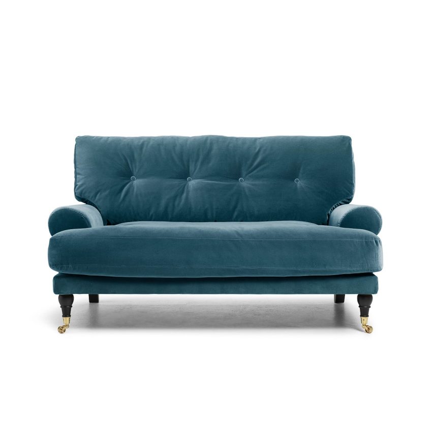 Blanca Love Seat Petrol is a small Howard sofa in blue-green velvet from Melimeli