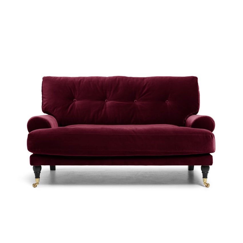 Blanca Love Seat Ruby Red is a small Howard sofa in burgundy velvet from Melimeli
