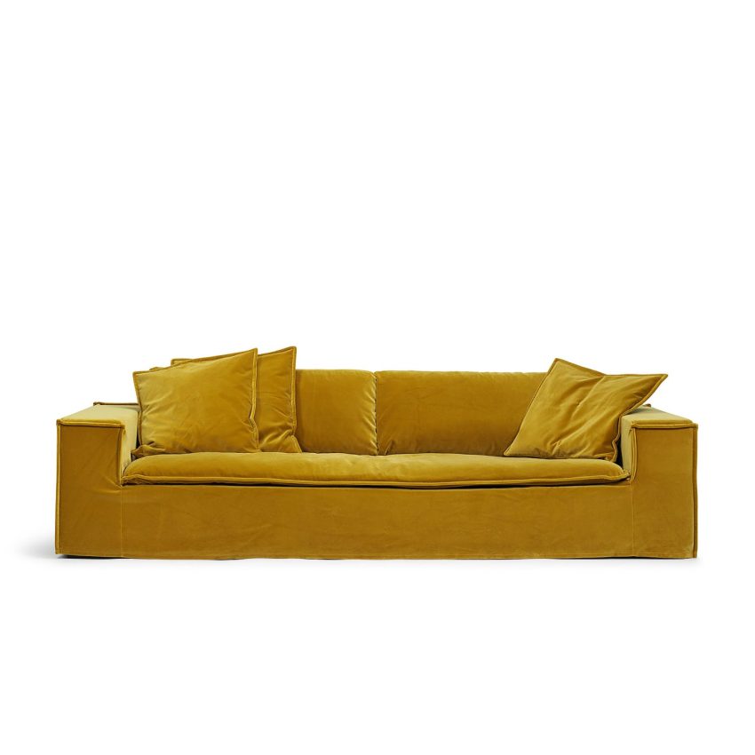 Luca Grande The Amber 3-seater sofa is a dark yellow velvet sofa from MELIMELI