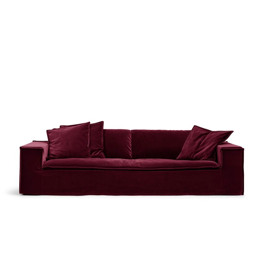 Luca Grande 3-Seat Sofa Ruby Red is a burgundy velvet sofa from MELIMELI