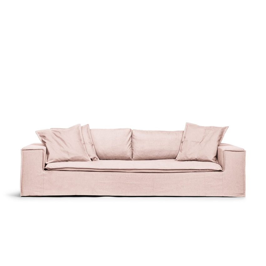 Luca Grande The Blush 3-seater sofa is a deep and comfortable sofa in pink linen from Melimeli