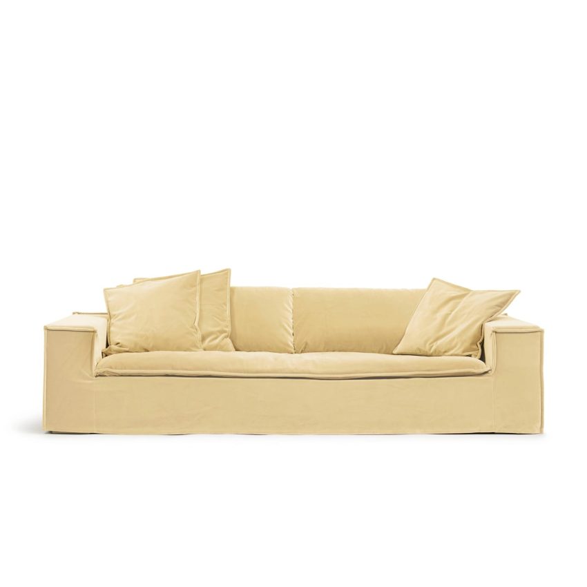 Luca Grande 3-Seat Sofa Creme is a light yellow velvet sofa from Melimeli