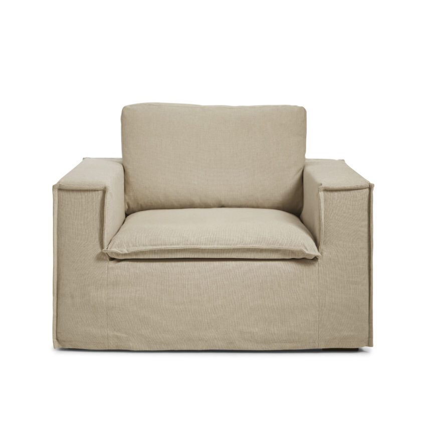 Luca Armchair Khaki beige armchair in linen with stylish design and removable upholstery