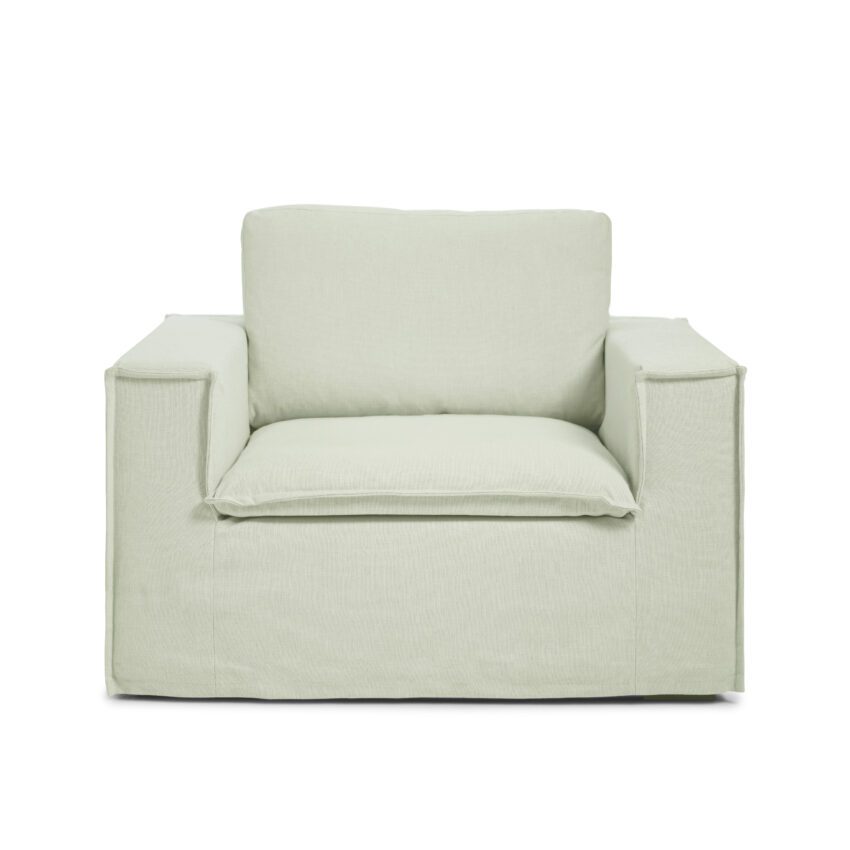 Luca Armchair Pistage green armchair in linen with stylish design and removable upholstery
