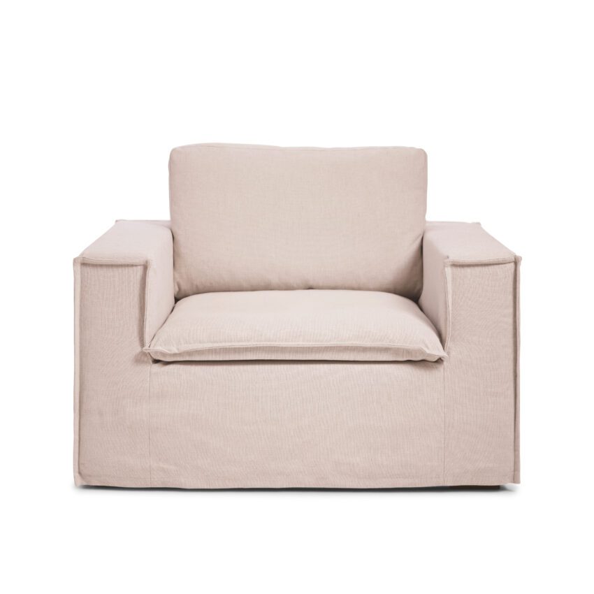Luca Armchair Blush pink armchair in linen with stylish design and removable upholstery