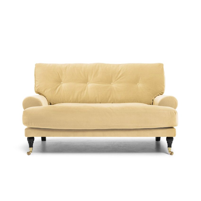 Blanca Love Seat Creme is a small Howard sofa in light yellow velvet from Melimeli