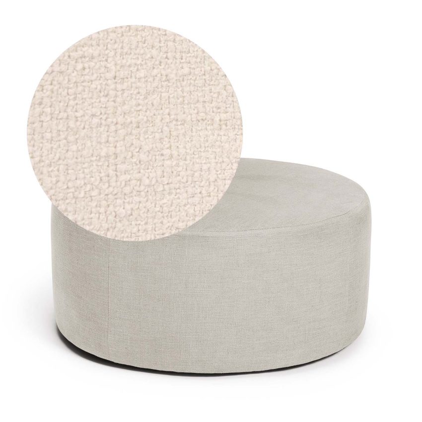 Blanca Footstool Eggshell is a round footstool in white bouclé from Melimeli