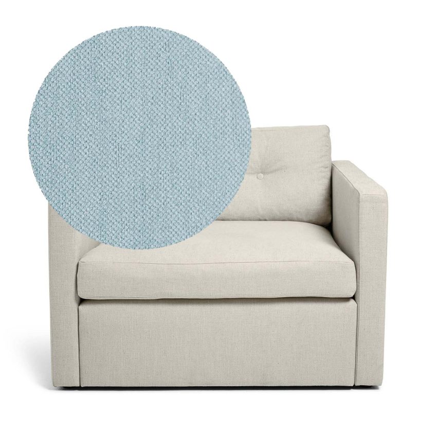 Dahlia Armchair Baby Blue is a spacious armchair in light blue chenille from Melimeli