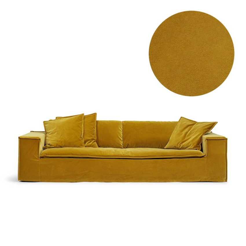 Upholstery in dark yellow velvet for Luca 3-Seat Sofa from Melimeli