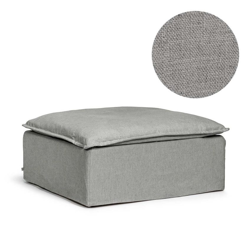 Upholstery in light grey linen for Luca Footstool from Melimeli