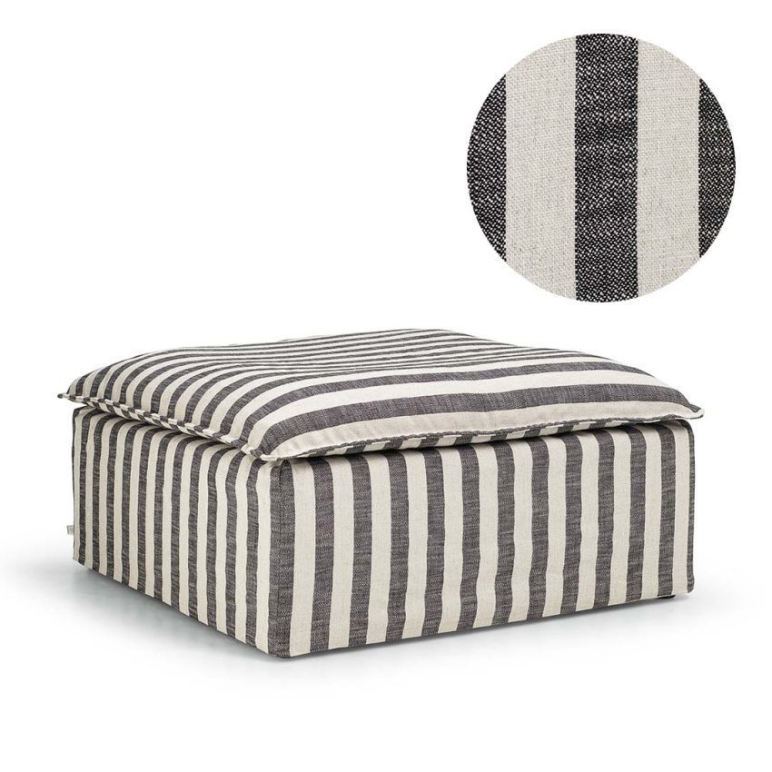 Linen upholstery with black stripes for Luca Footstool from Melimeli