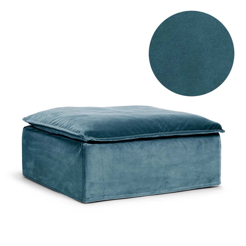 Upholstery in blue-green velvet for Luca Footstool from Melimeli