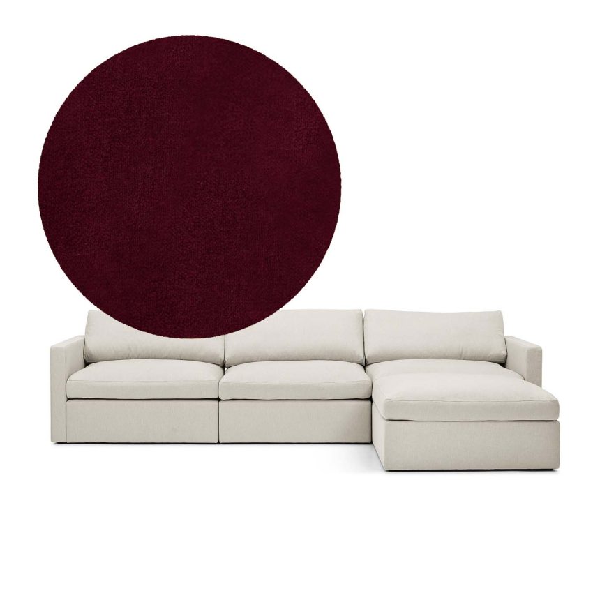 Lucie 3-Sets sofa (med fotskammel) Ruby Red er en romslig sofa i rød fløyel fra Melimeli